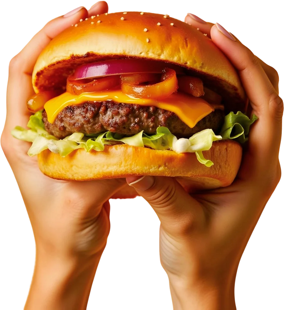 Hands holding a cheeseburger
