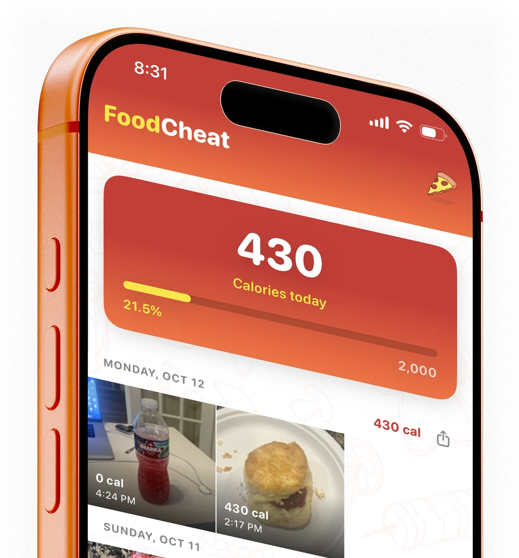 The FoodCheat home screen: today's calories and a photo feed of meals